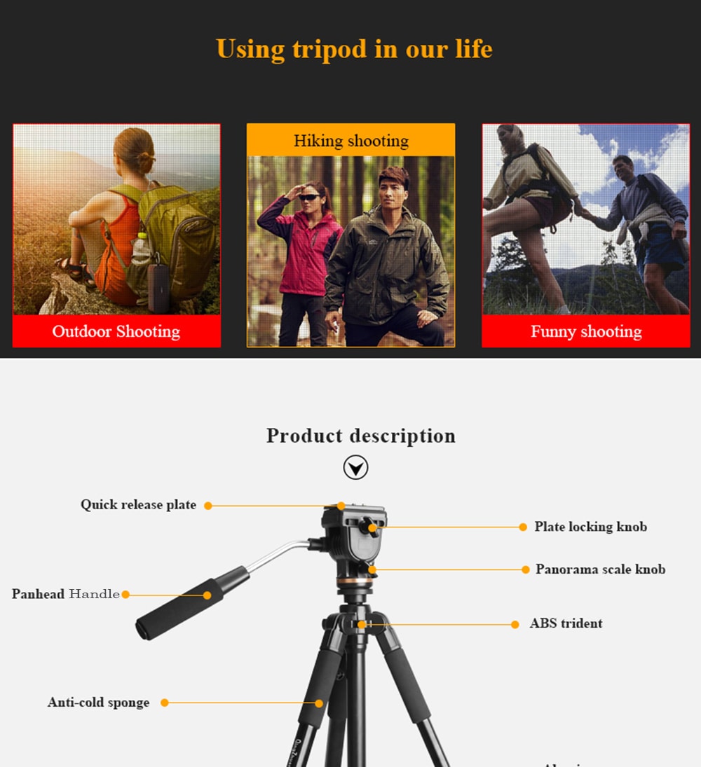 QZSD Q111S Video DSLR Digital Camera Tripod Portable Professional Photography Tripod Stand for Travelling- Black