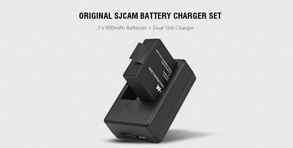 Original SJCAM 900mAh Battery + Dual Slot Charger for SJ4000 / SJ4000 WiFi / SJ5000 / SJ5000 WiFi / SJ5000 Plus / M10 / M10 WiFi / M10 Plus Action Camera- Black