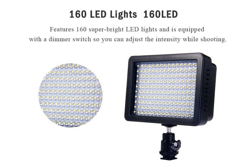 W160 LED Video Light Lamp 10.5W 1150LM 5600K / 3200K Dimmable for Canon Nikon Pentax DSLR Camera- Black