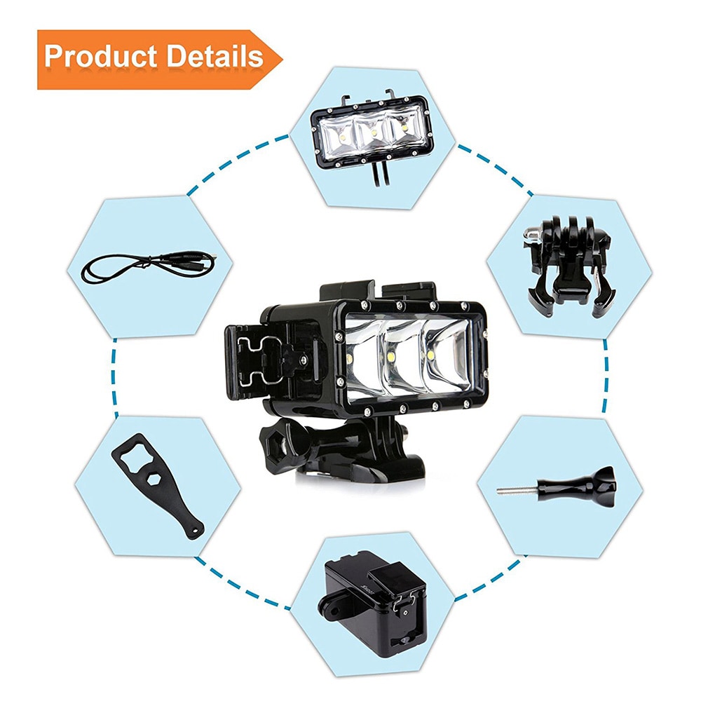 Video Diving Light - 30M Waterproof 3 LED Diving Lamp Video Light- Black