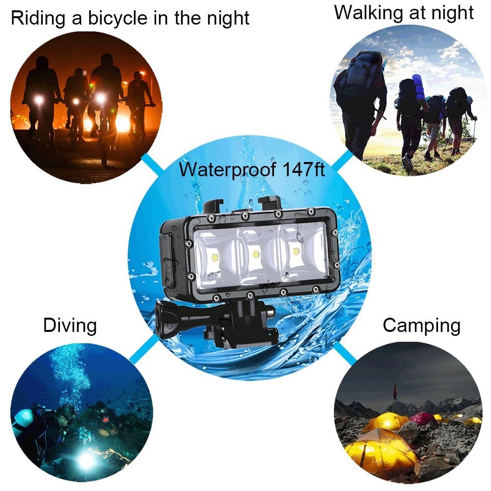 Video Diving Light - 30M Waterproof 3 LED Diving Lamp Video Light- Black