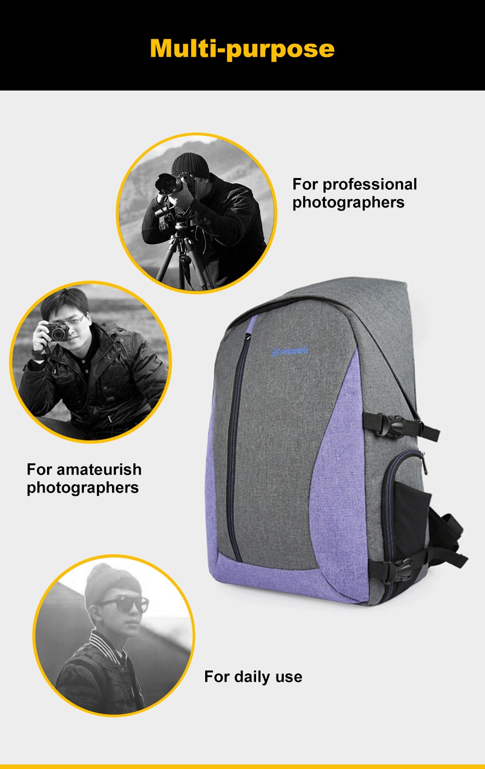 PROWELL DC21439 DSLR Camera Photography Backpack- Gray