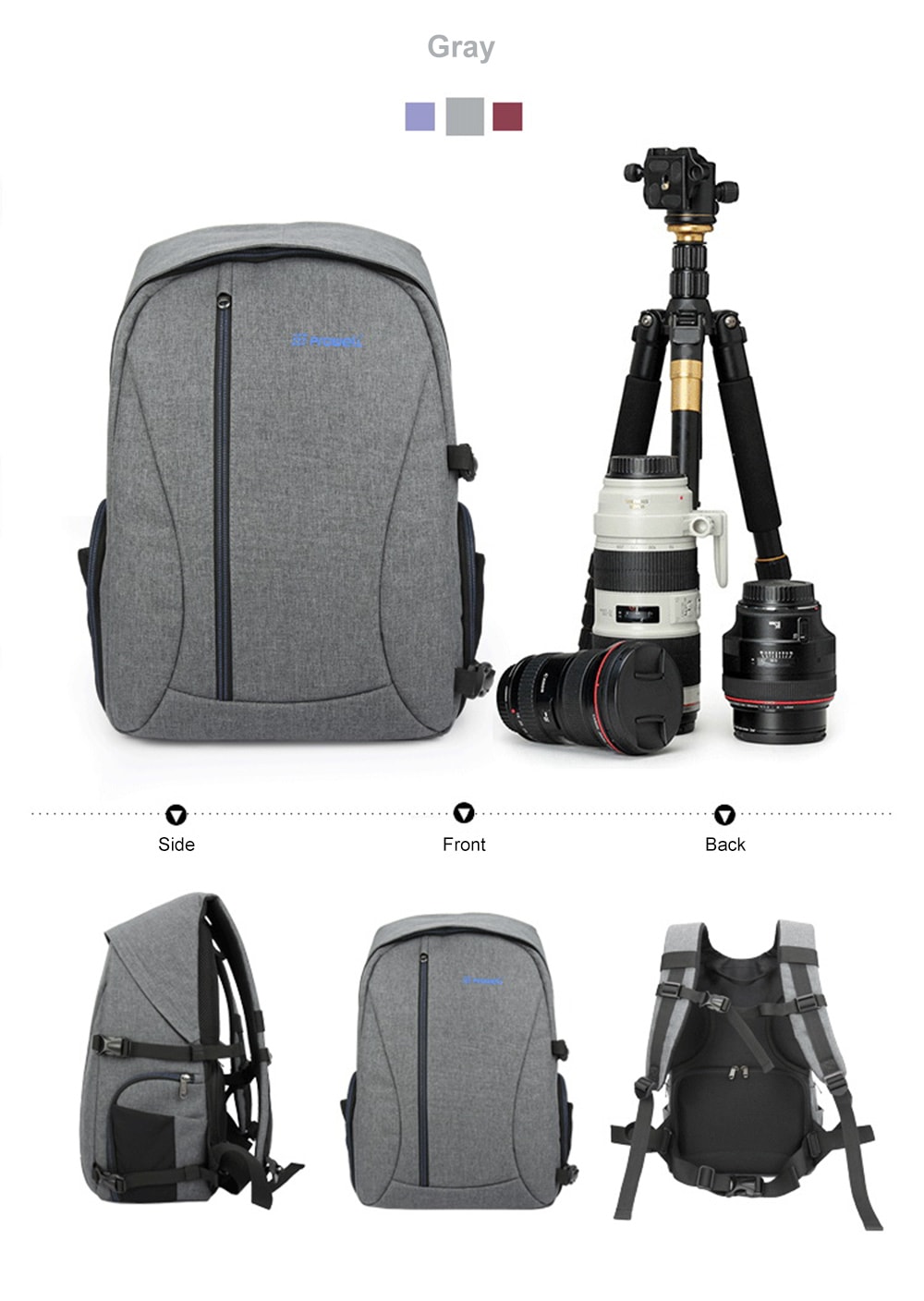 PROWELL DC21439 DSLR Camera Photography Backpack- Gray