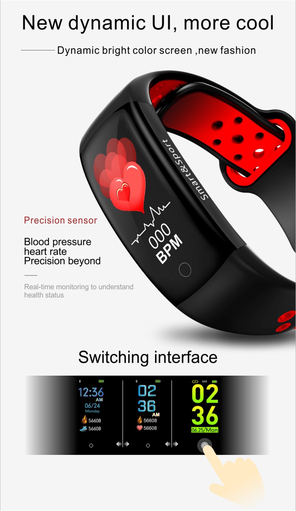 Q6S Color Screen Smart Bracelet Step Heart Rate Blood Pressure 3D Dynamic Ui- Red