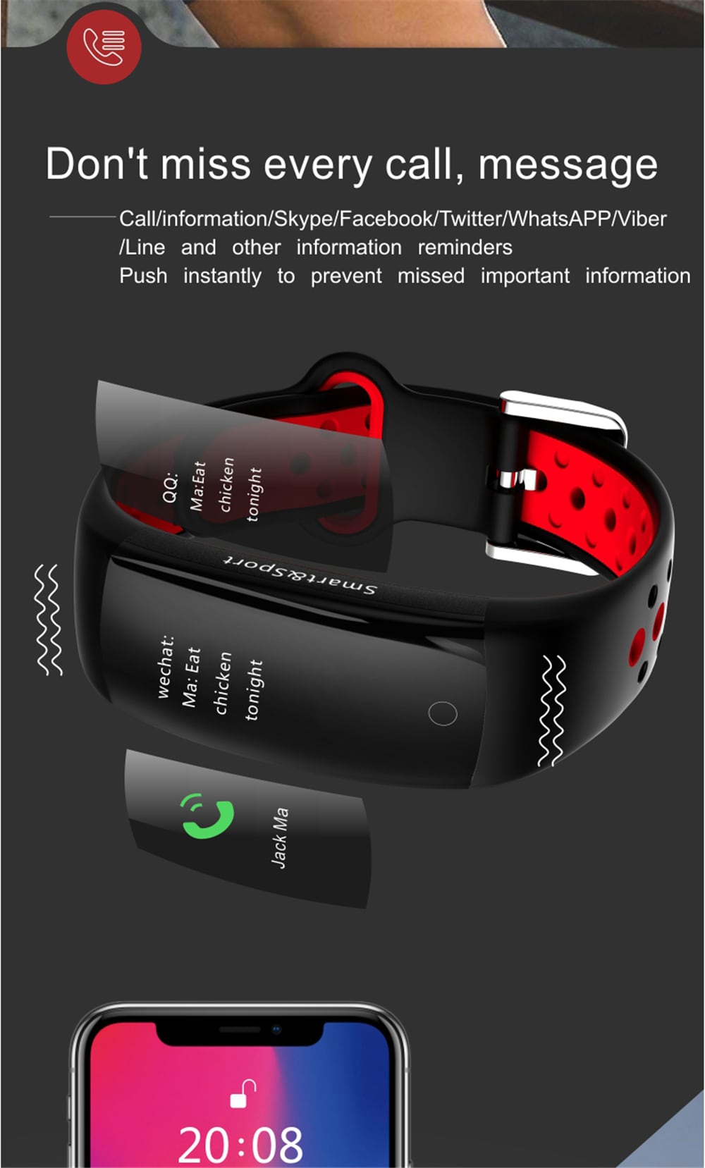 Q6S Color Screen Smart Bracelet Step Heart Rate Blood Pressure 3D Dynamic Ui- Red