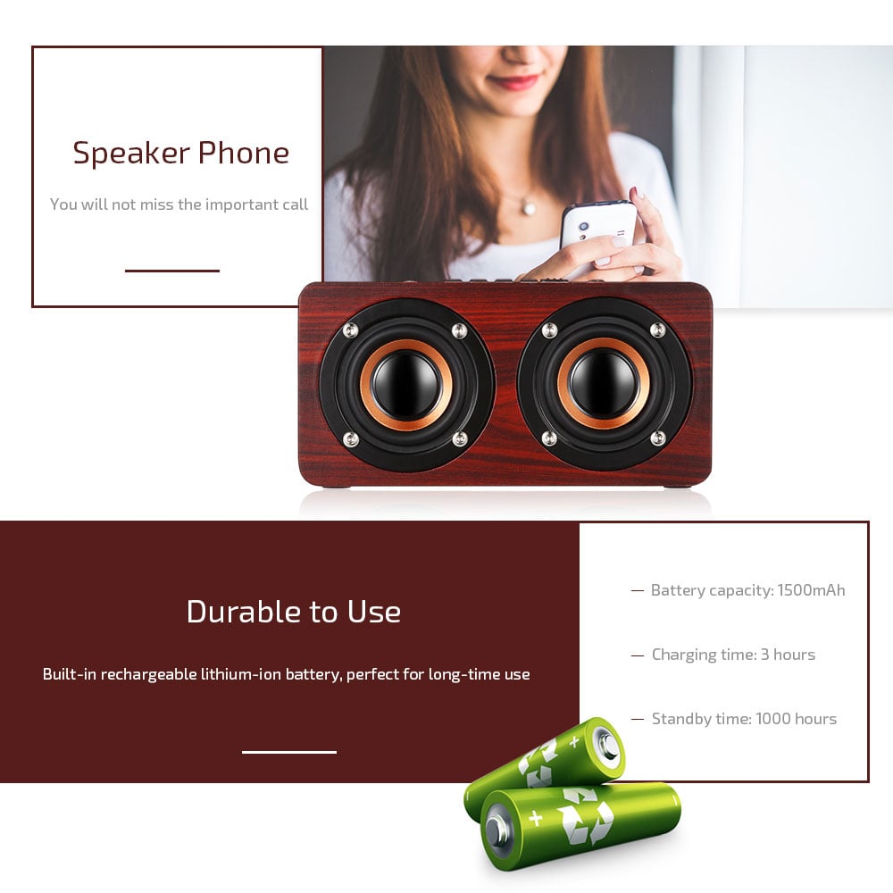 W5 Bluetooth Speaker Portable Wireless Player Wooden Design- Dark red