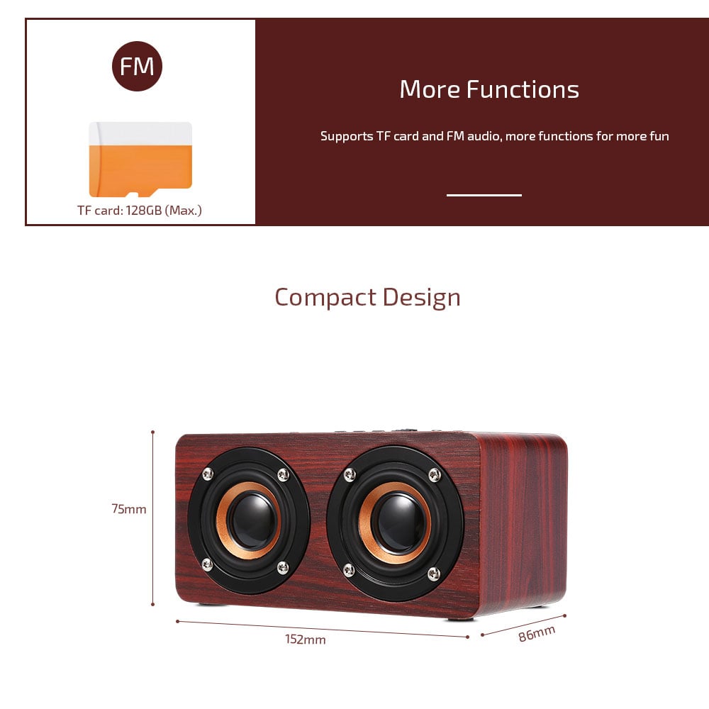 W5 Bluetooth Speaker Portable Wireless Player Wooden Design- Dark red