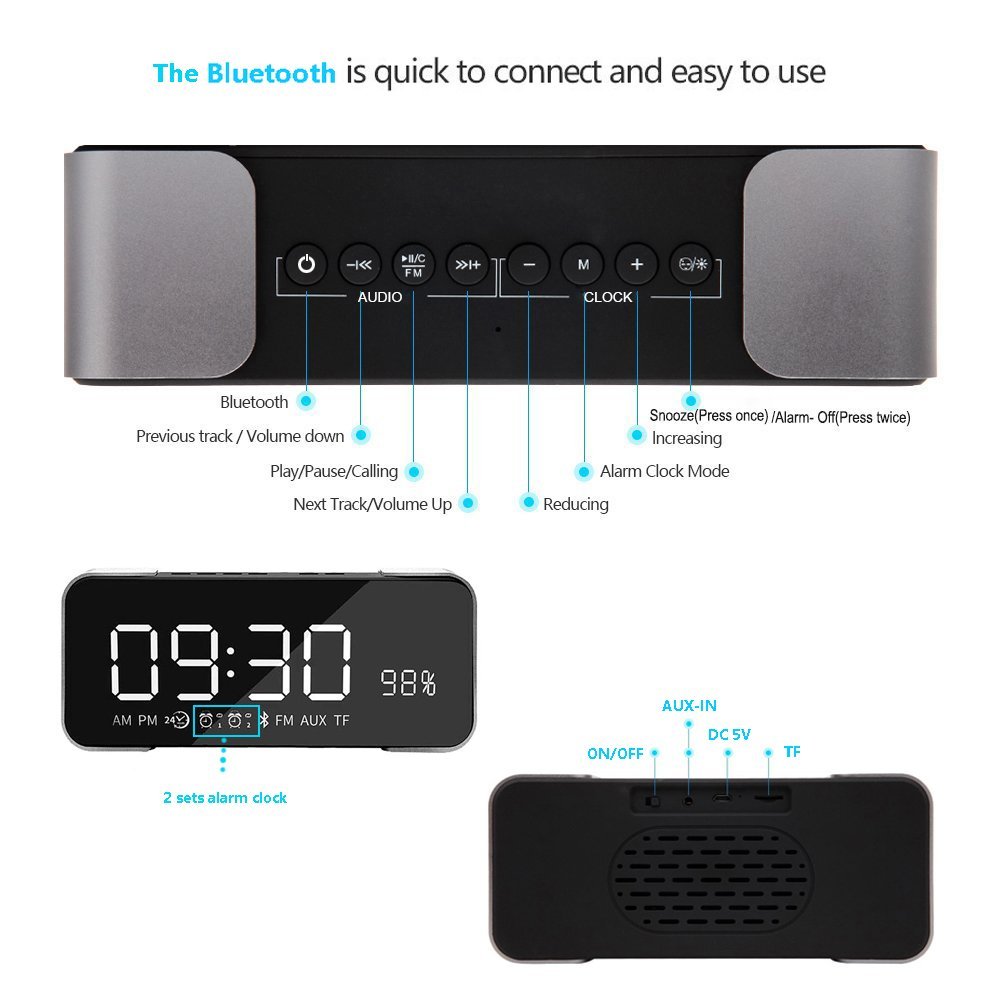 SDH - 4000 Portable Wireless Stereo Speaker with Alarm Clock- Ash Gray