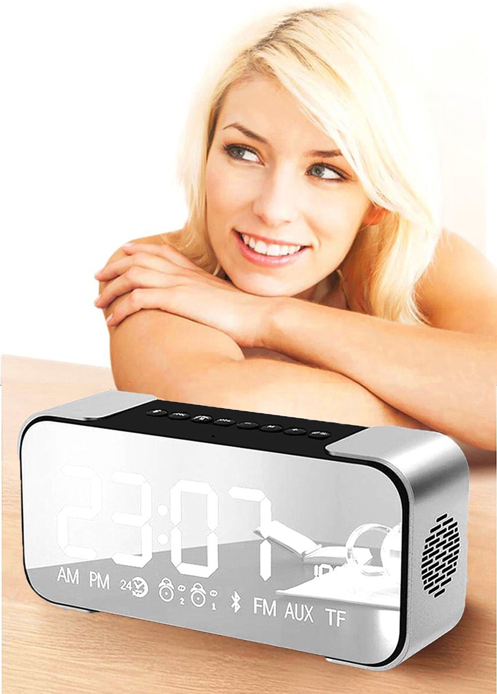 SDH - 4000 Portable Wireless Stereo Speaker with Alarm Clock- Ash Gray