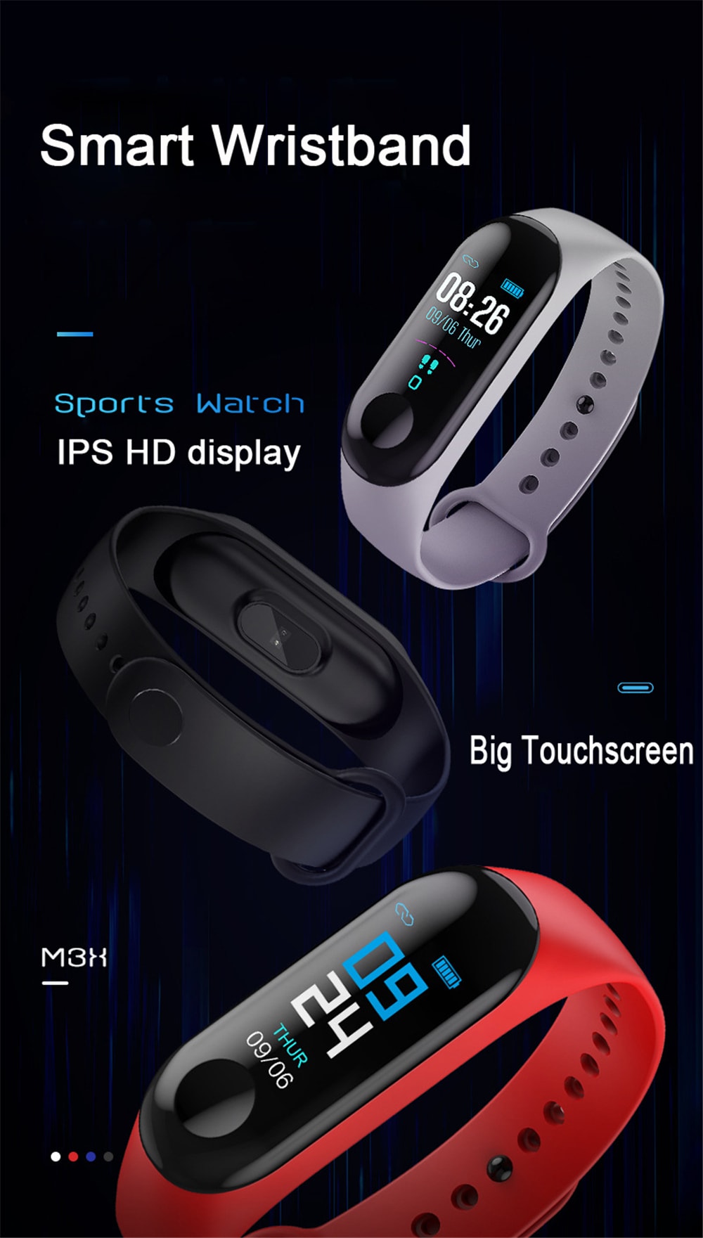 V5 M3PLUS Intelligent LED Color Screen Watch Sports Health Pedometer- Multi-B