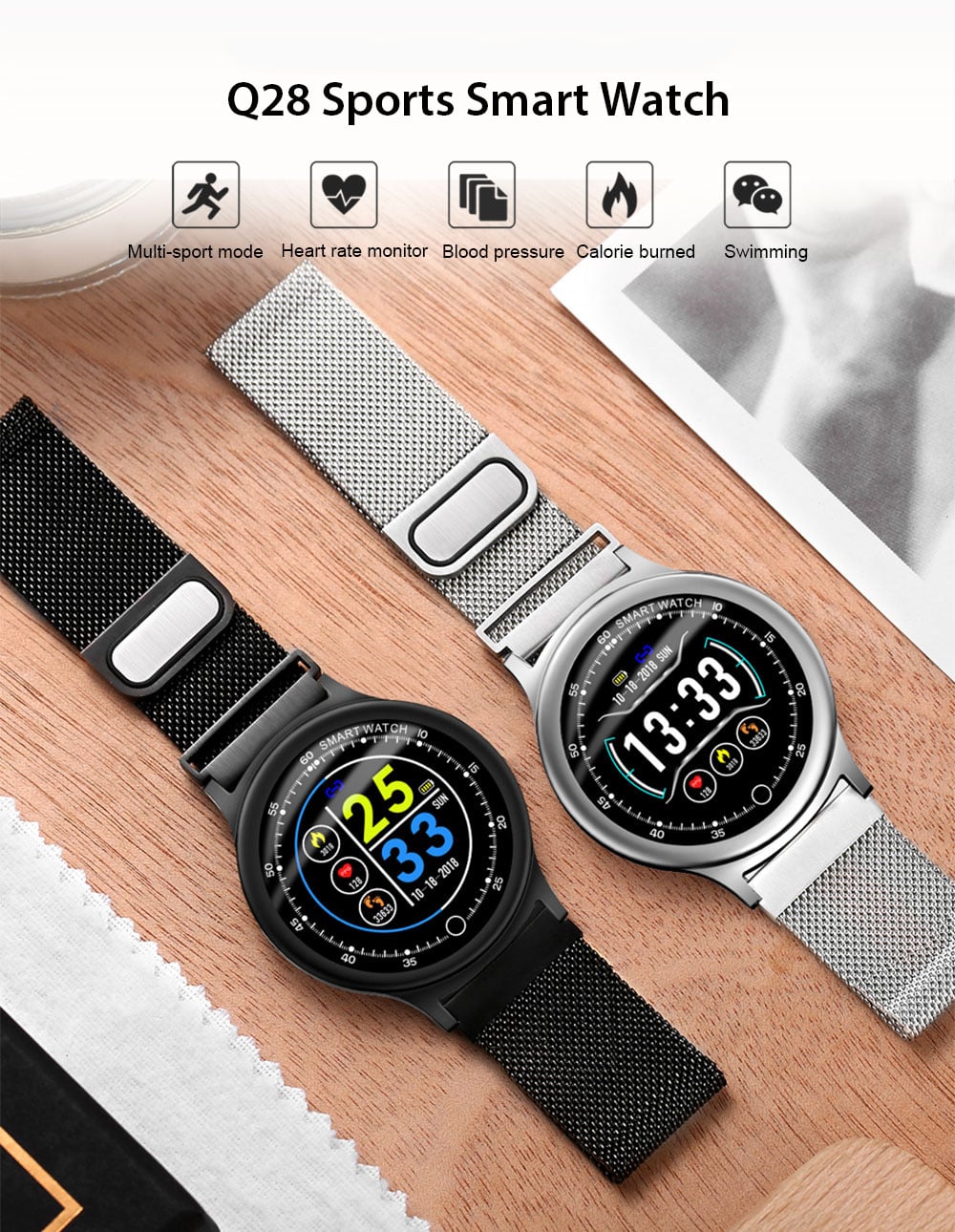 Q28 Sports Smart Watch 1.34 inch Color Screen IP68 Waterproof Heart Rate / Sleep Monitor - Black Leather Band