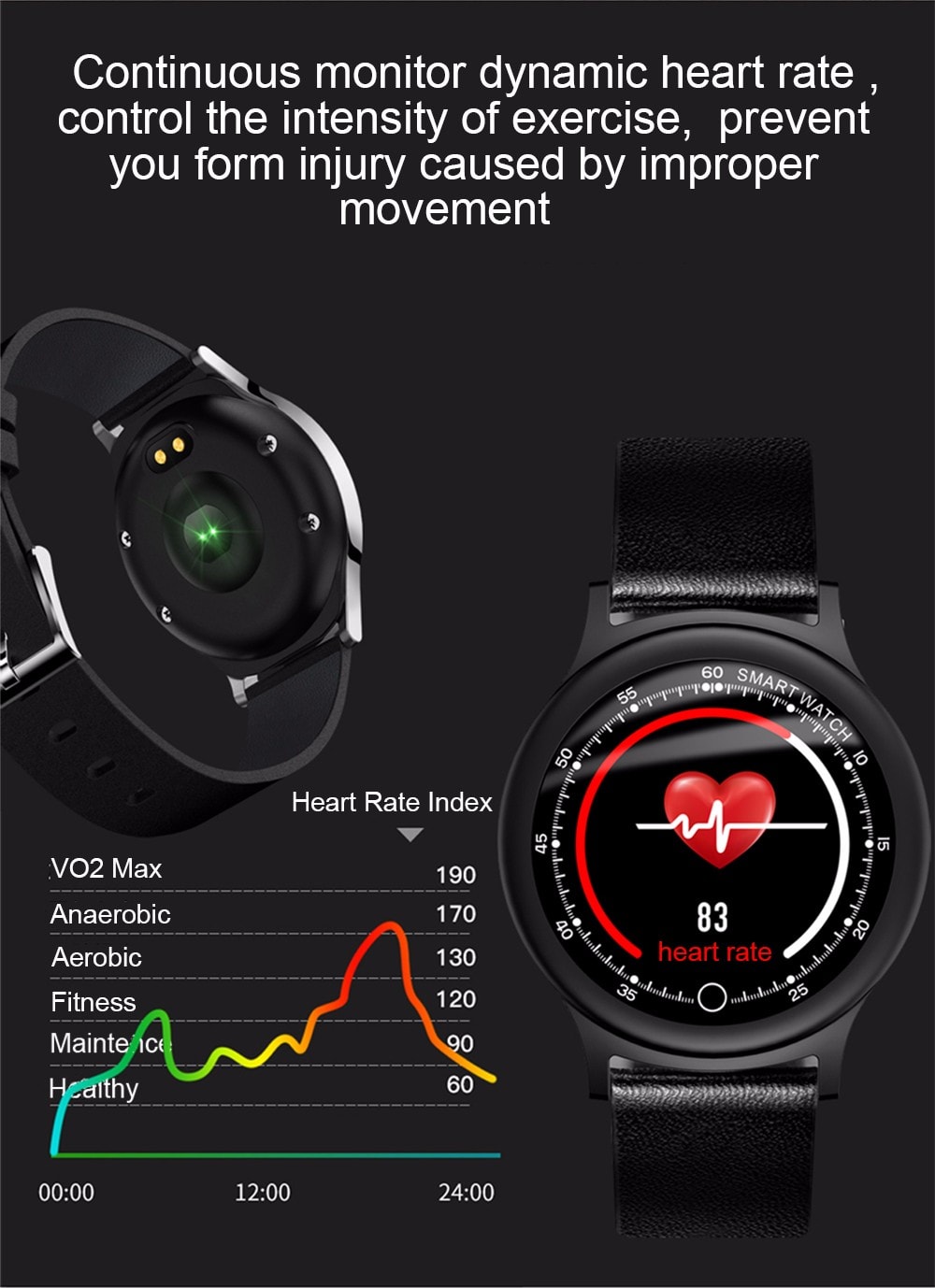 Q28 Sports Smart Watch 1.34 inch Color Screen IP68 Waterproof Heart Rate / Sleep Monitor - Black Leather Band