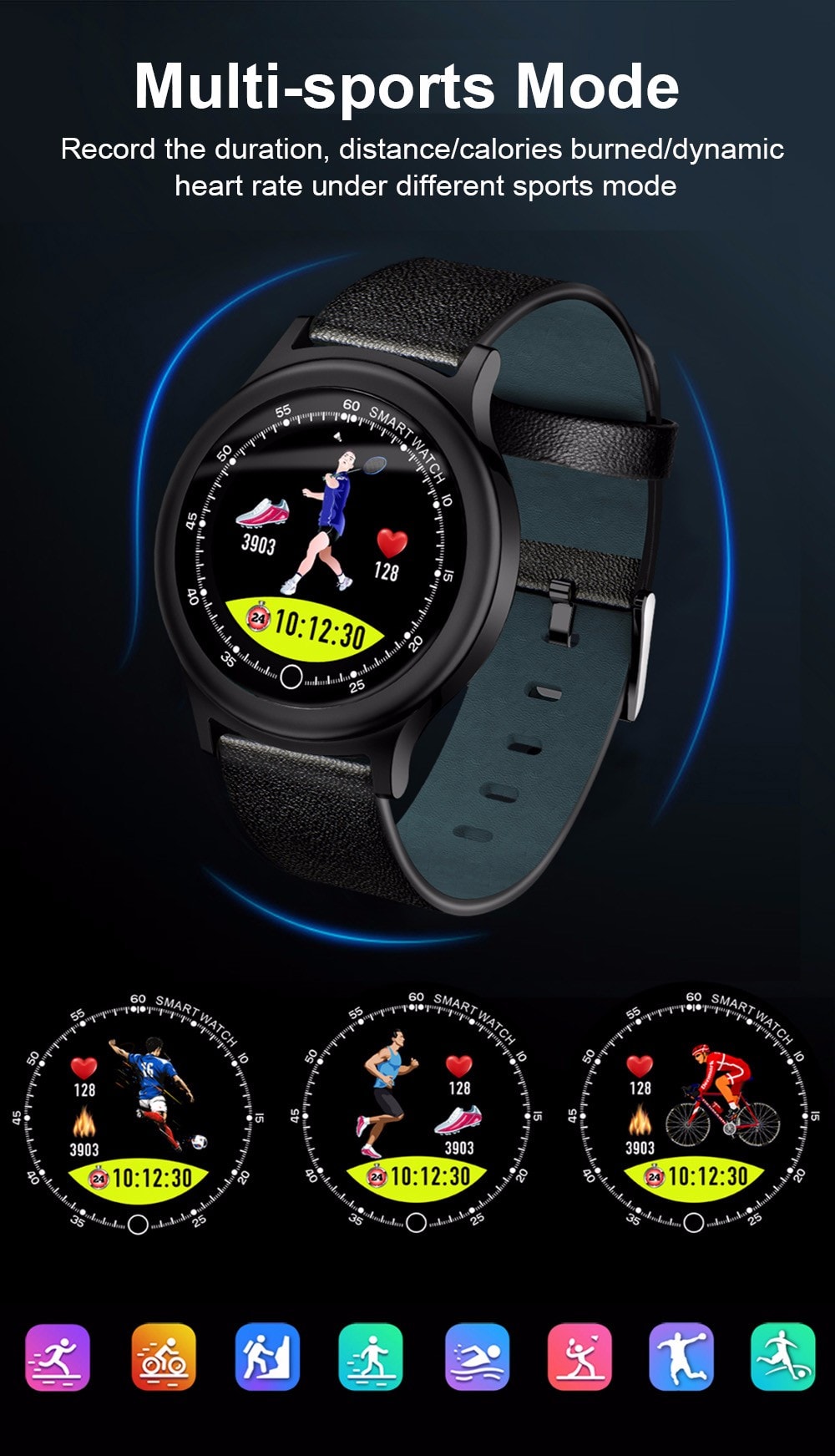 Q28 Sports Smart Watch 1.34 inch Color Screen IP68 Waterproof Heart Rate / Sleep Monitor - Black Leather Band