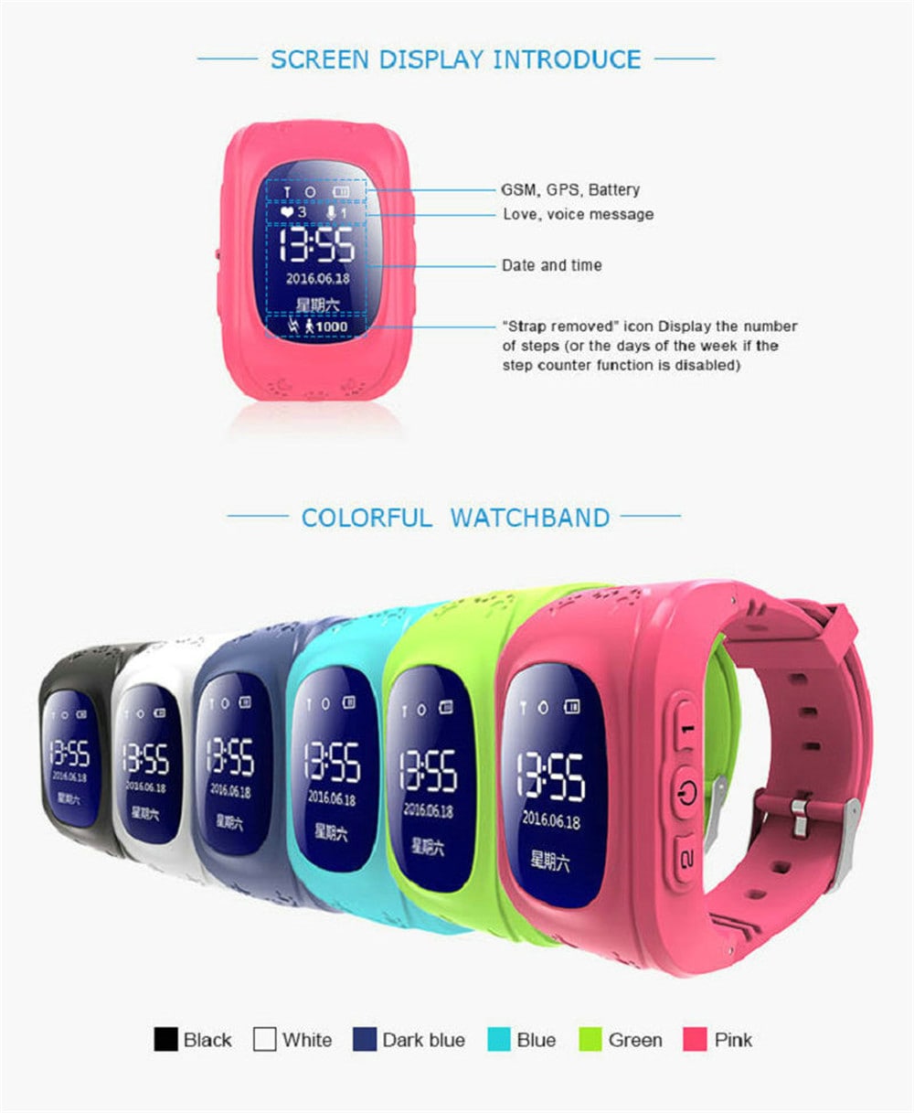 V6 Q50 OLED Child  GPS Tracker SOS  Monitoring Positioning Phone Smart Watch- Multi-E