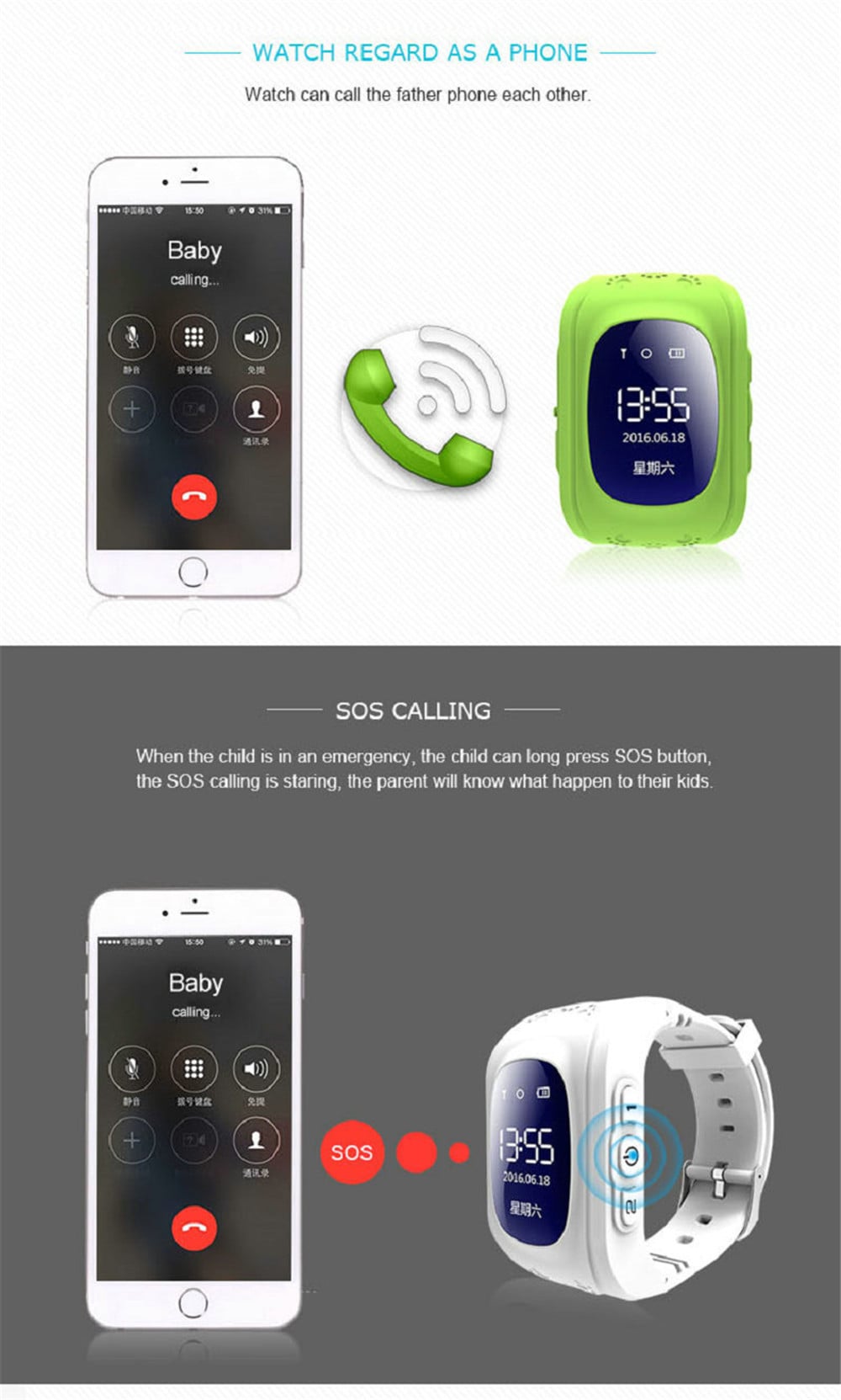 V6 Q50 OLED Child  GPS Tracker SOS  Monitoring Positioning Phone Smart Watch- Multi-E