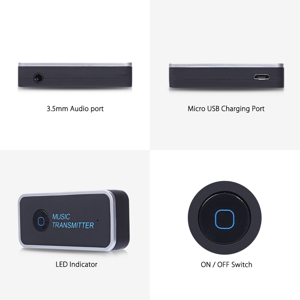 Wireless Bluetooth Transmitter Connected to 3.5mm Audio Devices Portable Stereo Music Transmission- Black