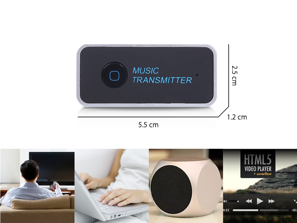 Wireless Bluetooth Transmitter Connected to 3.5mm Audio Devices Portable Stereo Music Transmission- Black