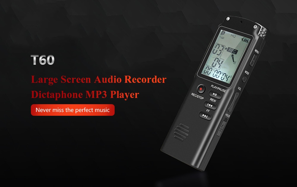 T60 Professional Voice Recording Device Large Screen Digital Audio Recorder Dictaphone MP3 Player- Black 8GB