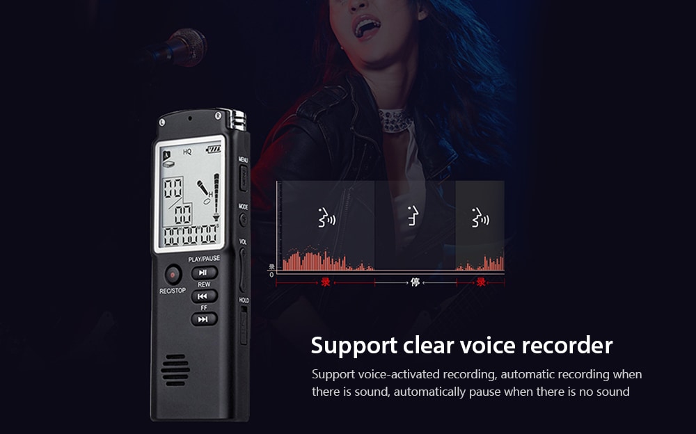 T60 Professional Voice Recording Device Large Screen Digital Audio Recorder Dictaphone MP3 Player- Black 8GB