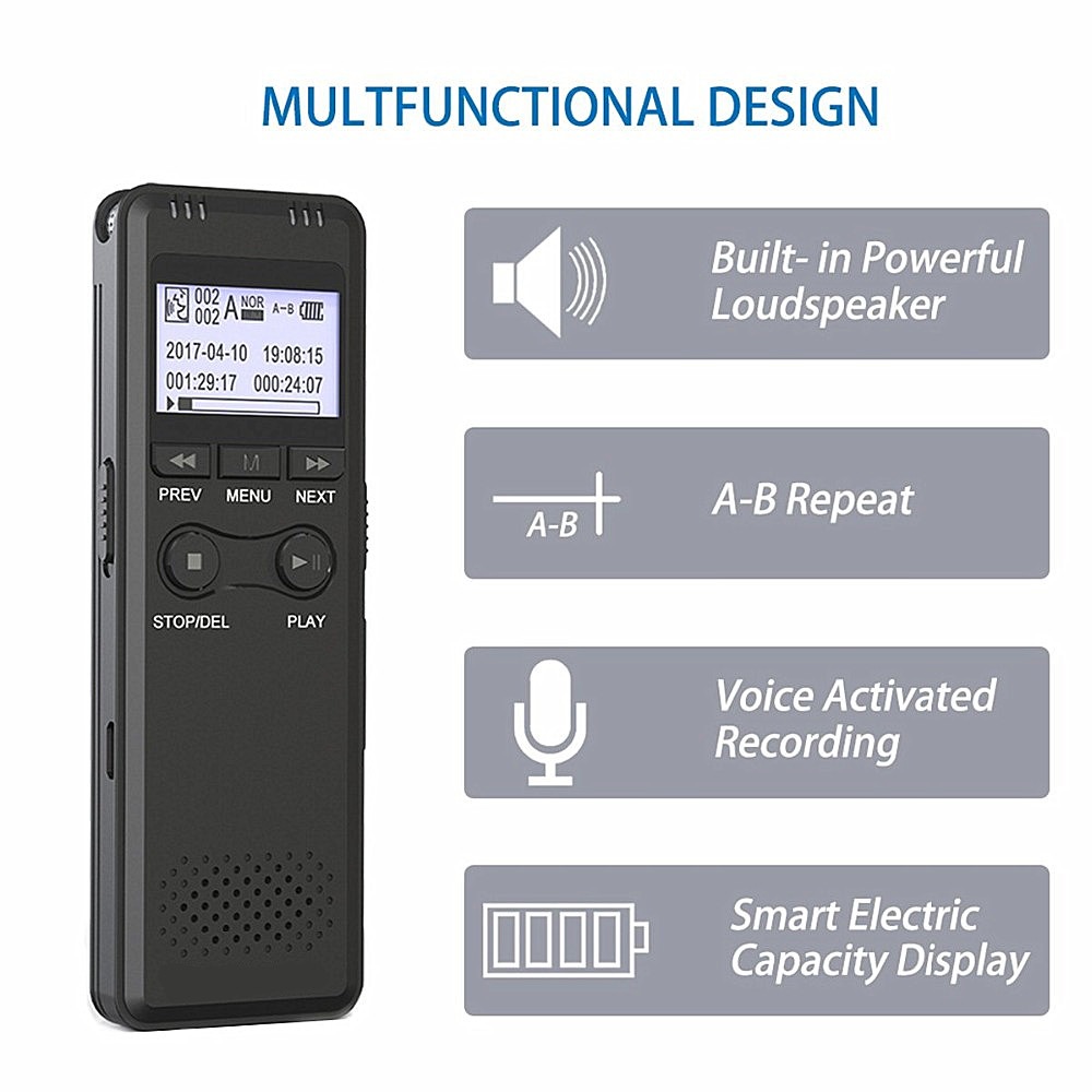 Portable Voice Activation Recording Hd Hifi Recorder MP3 Noise Reduction- Black 1+8GB