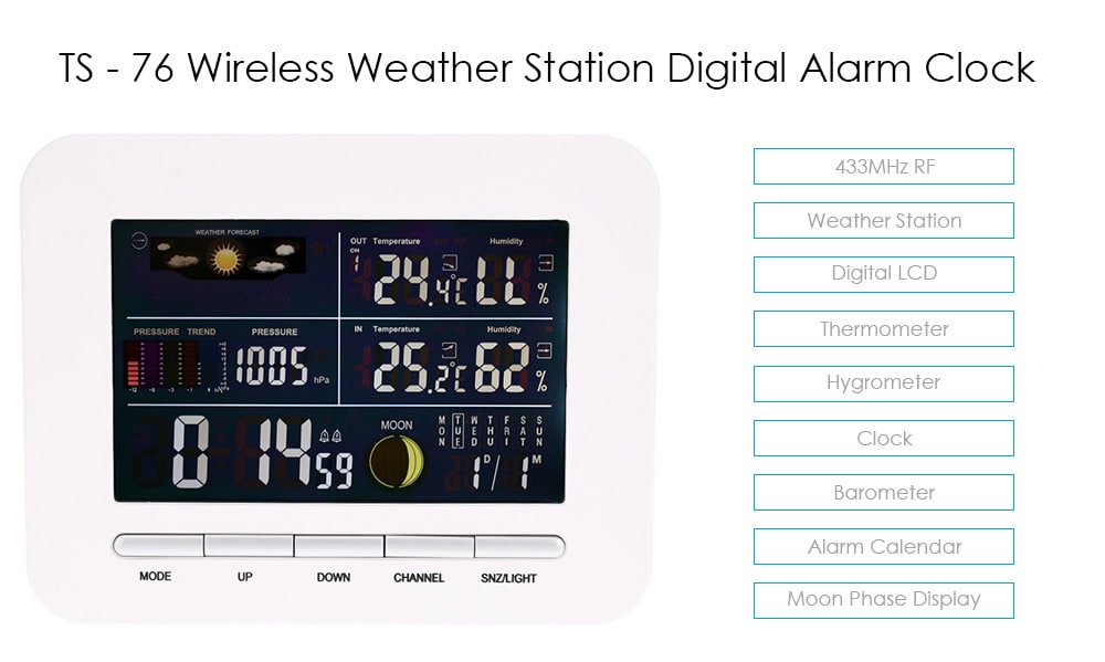 TS - 76 Multi-functional 433MHz Wireless Weather Station Digital LCD Thermometer Hygrometer Clock Alarm Barometer Calendar Moon Phase Display- White