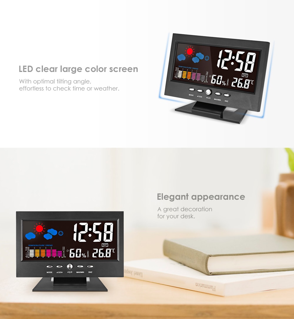 Unique Digital LED Alarm Clock Calendar Thermometer Date Time Watch Night Light- Black