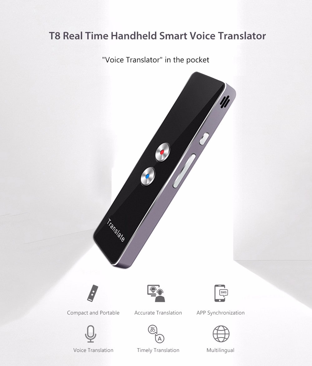 T8 Real Time Multi-language Handheld Smart Voice Translator Speech / Text Translation Device with APP- Black