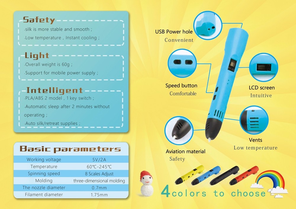 QW01 - 012A 3D Printing Pen for Kids Educational Toy- Yellow UK Plug