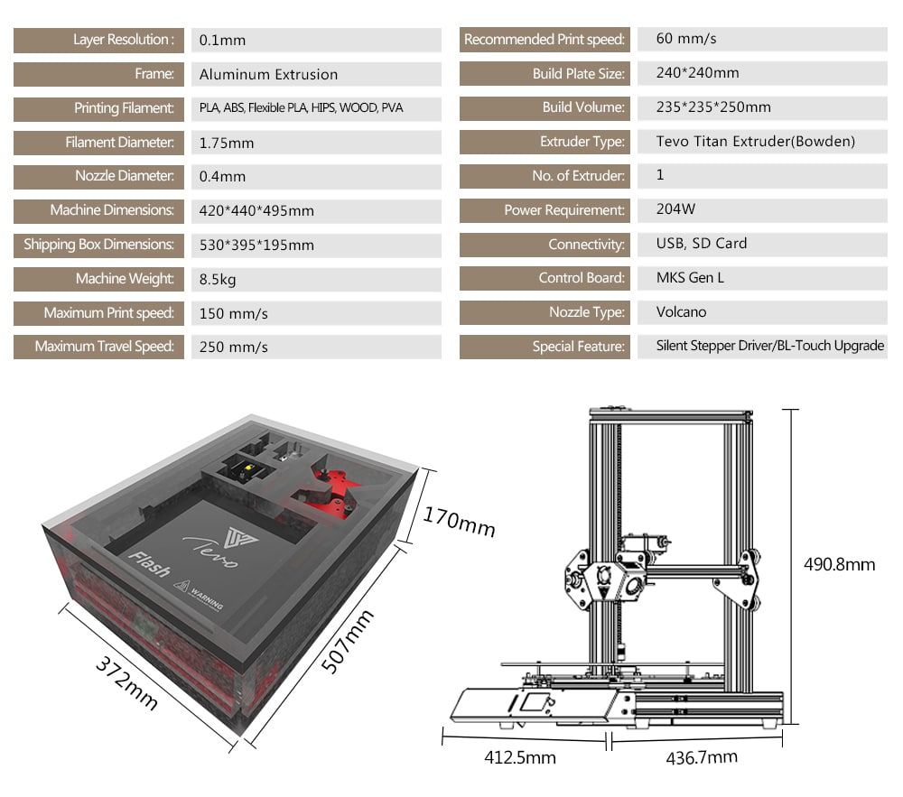 Tevo Flash Standard DIY Kits 98% Prebuild 3D Printer- Black 110V Hotbed / US Plug