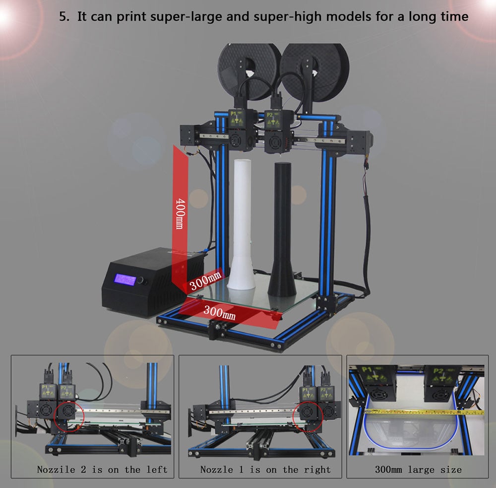 TL - D3 Dual Nozzle 3D Printer 300 x 300 x 400mm- Black US Plug