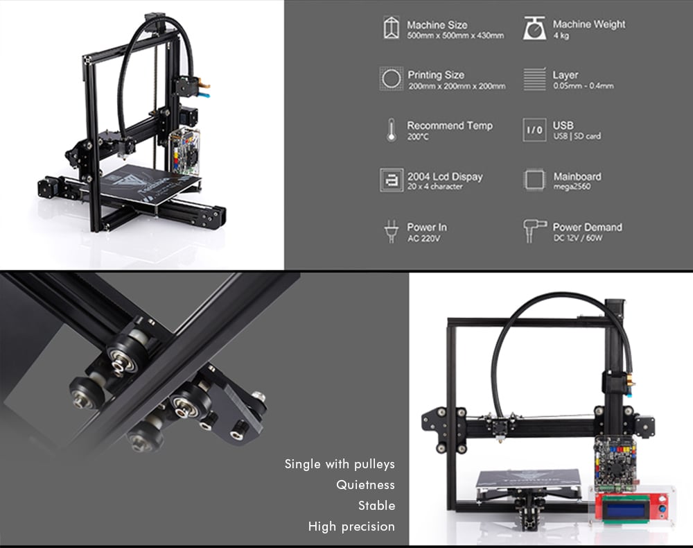 Tevo Tarantula 3D Printer Kit 200 x 200 x 200mm- Black US Plug