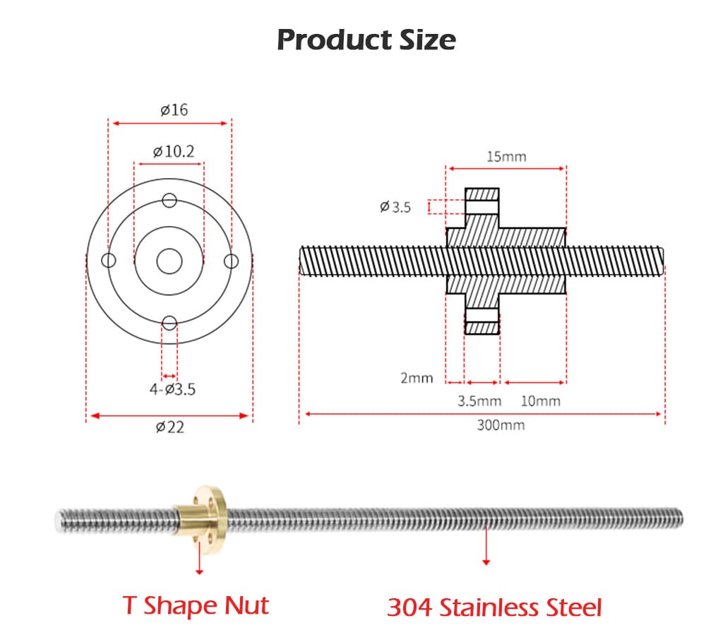 T8 - 2 - D8 300mm Lead Screw 3D Printer Accessories- Golden