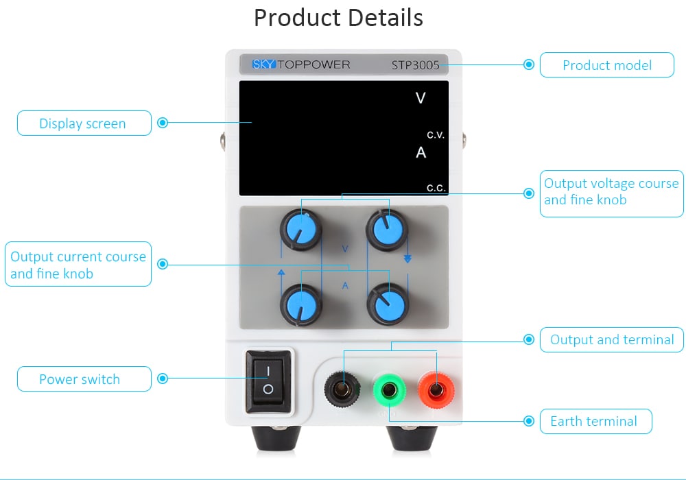 SKYTOPPOWER 3 Digits High Precision 0 - 30V 0 - 5A Adjustable DC Power Supply- White EU Plug