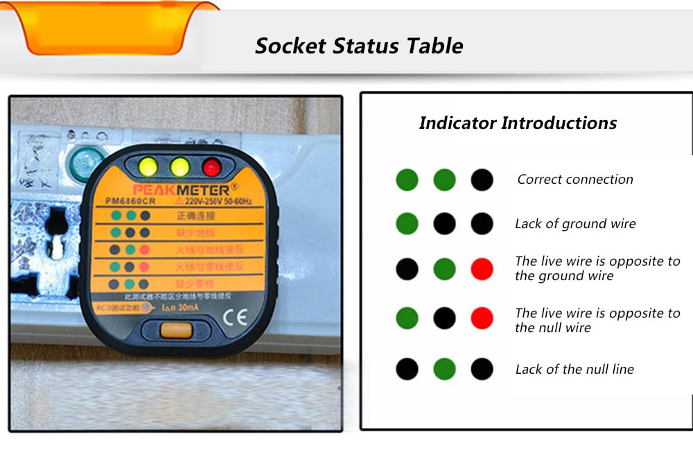 PEAKMETER PM6860 Electric Socket Tester Leakage Detector with RCD Function- Orange Chinese Plug (3-pin)