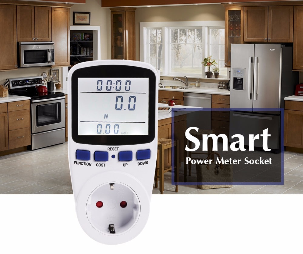 LCD Display Power Meter Socket Energy Monitor Watt Voltage Amps Measuring Outlet- White EU