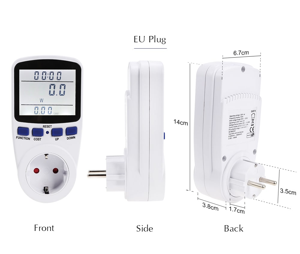 LCD Display Power Meter Socket Energy Monitor Watt Voltage Amps Measuring Outlet- White EU