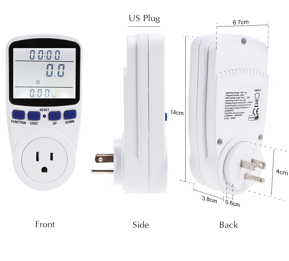 LCD Display Power Meter Socket Energy Monitor Watt Voltage Amps Measuring Outlet- White EU