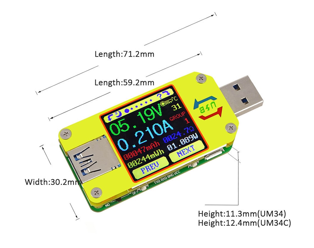 UM34 Color Screen Voltage Current Measuring Meter Voltammeter Tester with Android APP / USB3.0 + Type-C Port- Yellow