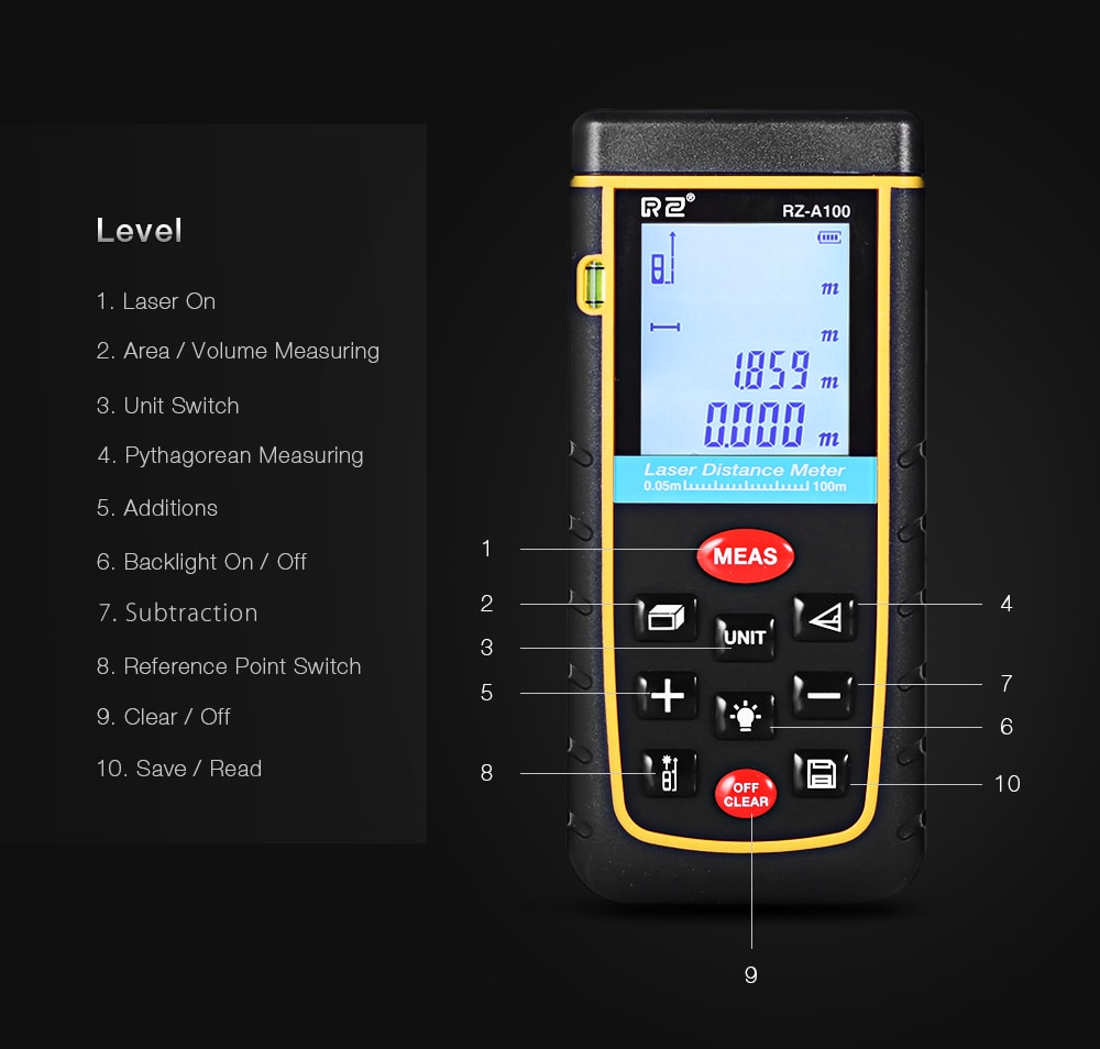 RZ A100 Portable Laser Distance Meter 0.05 to 100m with Bubble Level High Accuracy Measurement- Yellow and Black