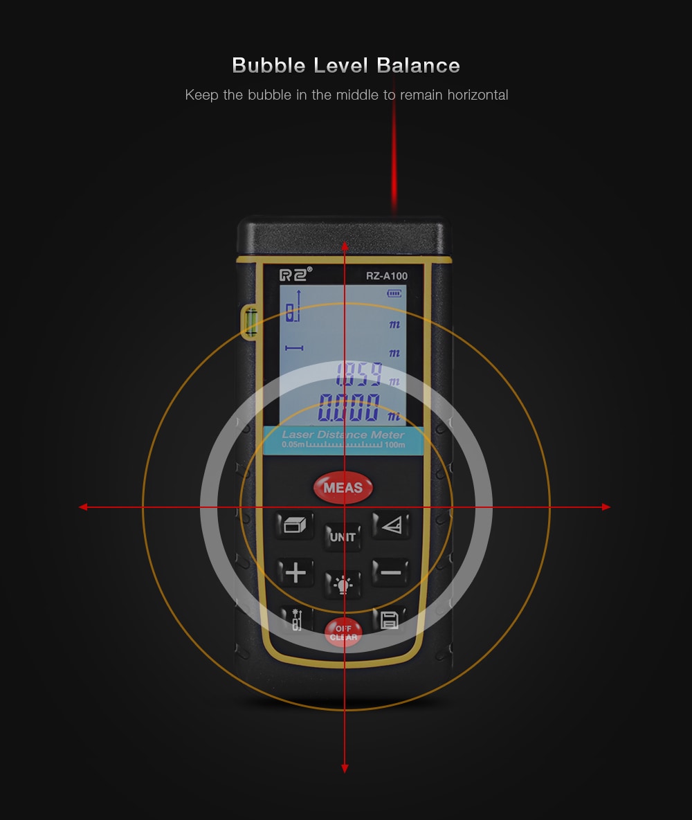 RZ A100 Portable Laser Distance Meter 0.05 to 100m with Bubble Level High Accuracy Measurement- Yellow and Black