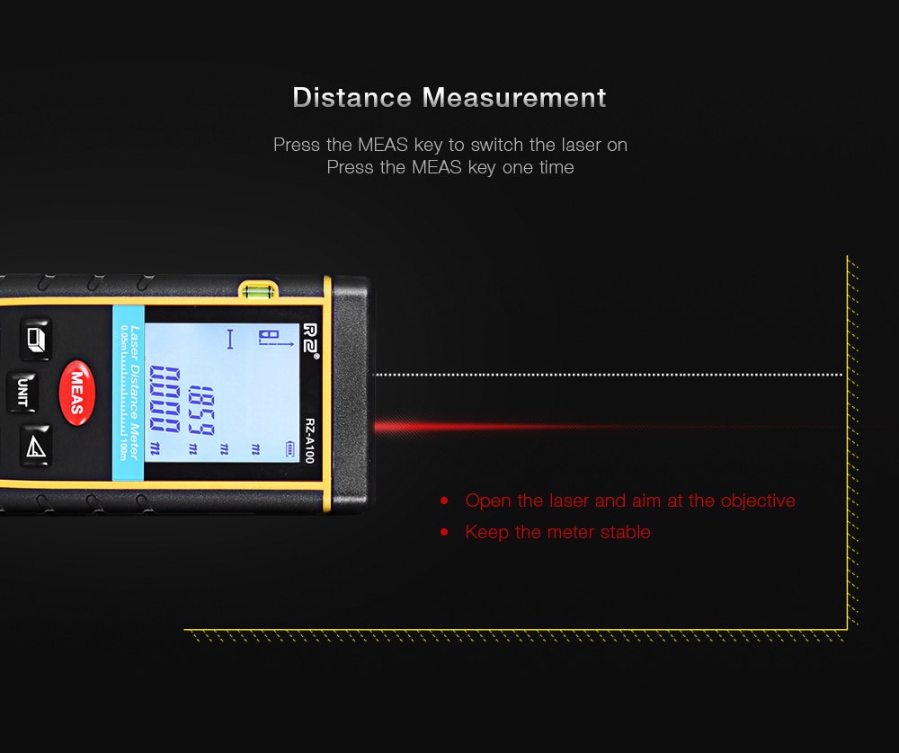 RZ A100 Portable Laser Distance Meter 0.05 to 100m with Bubble Level High Accuracy Measurement- Yellow and Black