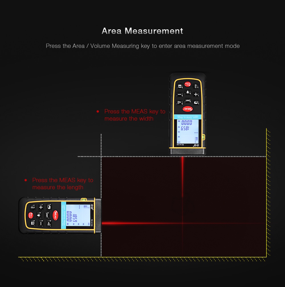 RZ A100 Portable Laser Distance Meter 0.05 to 100m with Bubble Level High Accuracy Measurement- Yellow and Black