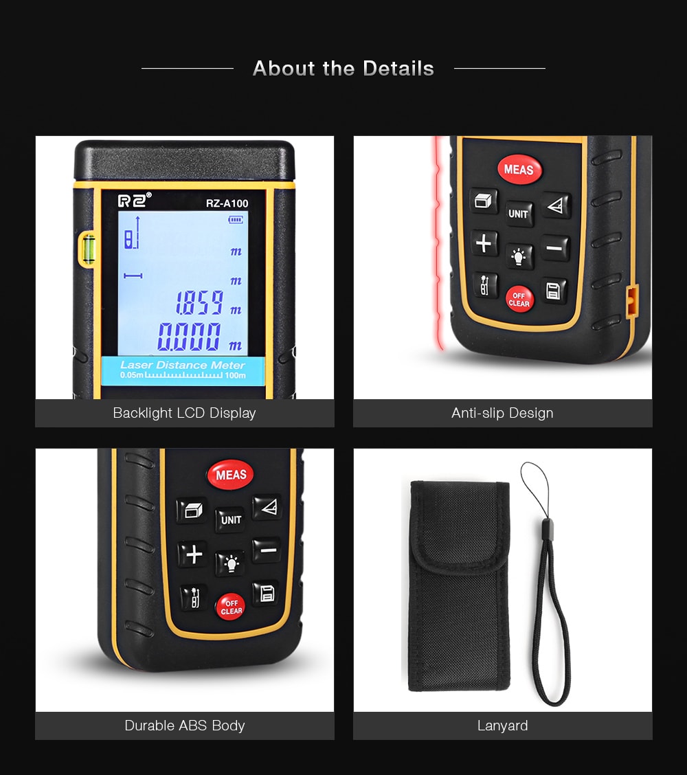 RZ A100 Portable Laser Distance Meter 0.05 to 100m with Bubble Level High Accuracy Measurement- Yellow and Black