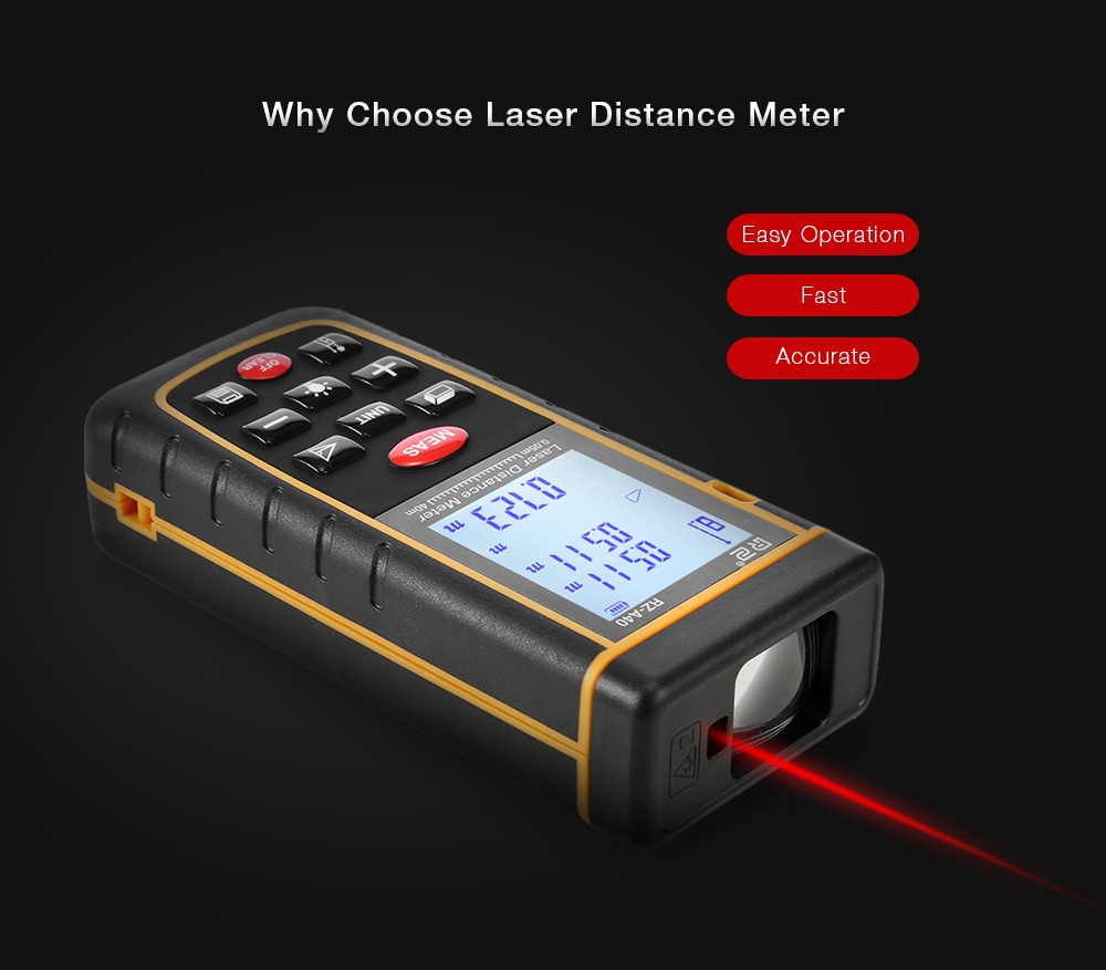 RZ A40 Portable Laser Distance Meter 0.05 to 40m with Bubble Level High Accuracy Measurement- Yellow and Black