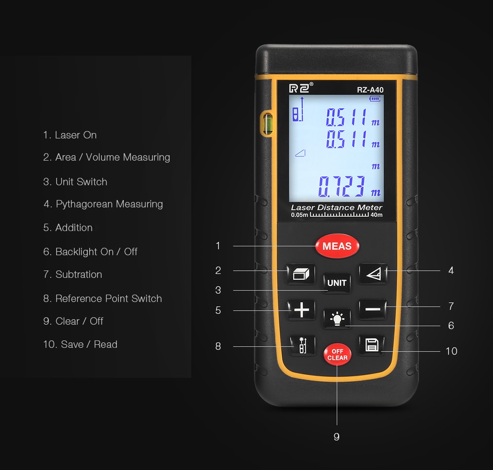 RZ A40 Portable Laser Distance Meter 0.05 to 40m with Bubble Level High Accuracy Measurement- Yellow and Black