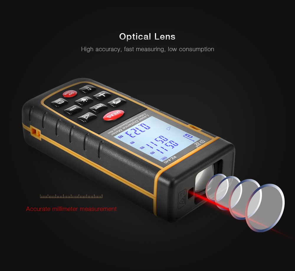 RZ A40 Portable Laser Distance Meter 0.05 to 40m with Bubble Level High Accuracy Measurement- Yellow and Black