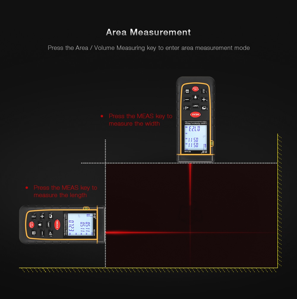 RZ A40 Portable Laser Distance Meter 0.05 to 40m with Bubble Level High Accuracy Measurement- Yellow and Black