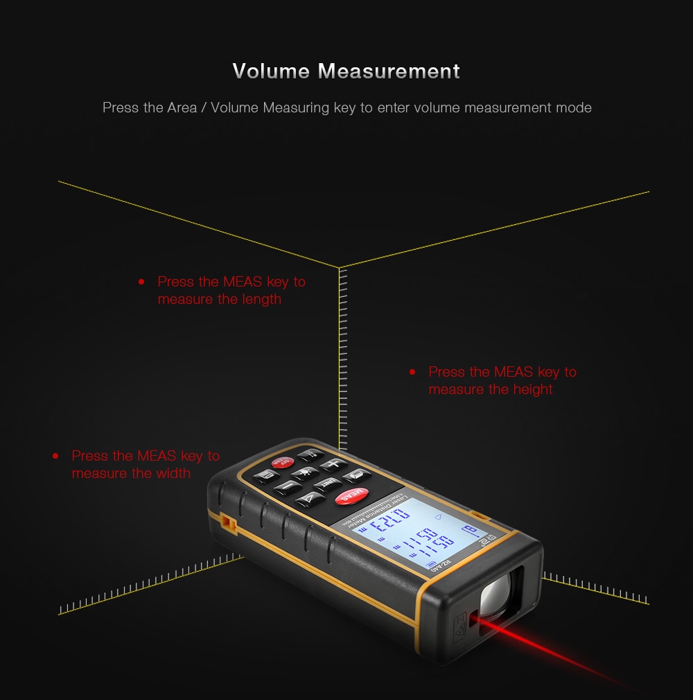 RZ A40 Portable Laser Distance Meter 0.05 to 40m with Bubble Level High Accuracy Measurement- Yellow and Black