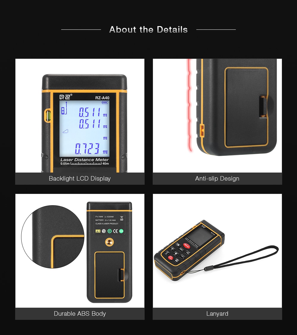 RZ A40 Portable Laser Distance Meter 0.05 to 40m with Bubble Level High Accuracy Measurement- Yellow and Black