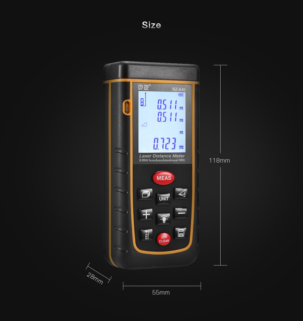 RZ A40 Portable Laser Distance Meter 0.05 to 40m with Bubble Level High Accuracy Measurement- Yellow and Black